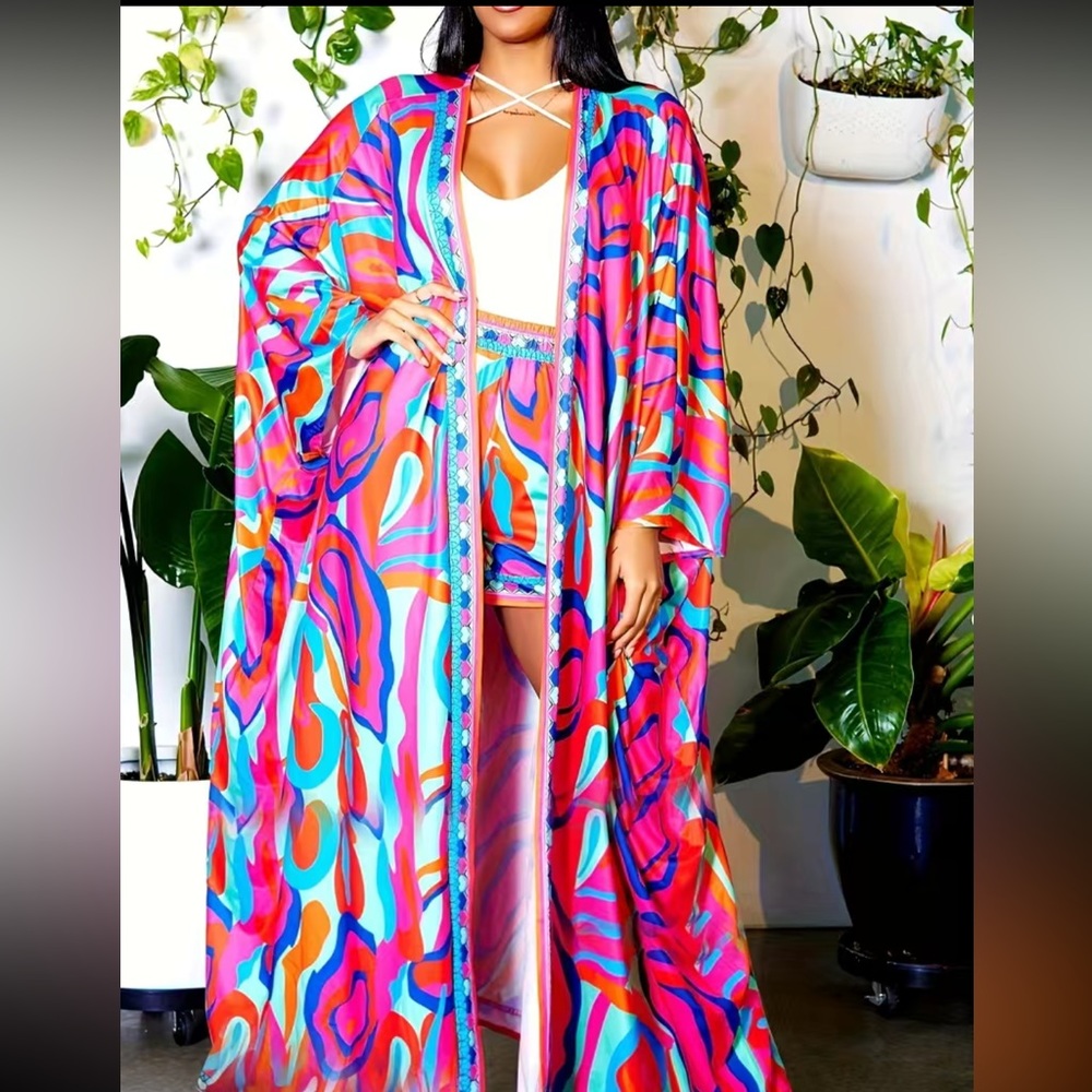 Swirl Kimono Two-piece Set, Coverup & High Waist Beach Wear Shorts Outfits